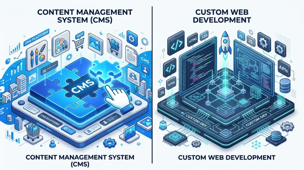 3D illustration split in half showing WordPress CMS puzzle pieces on the left and a custom development digital blueprint on the right.